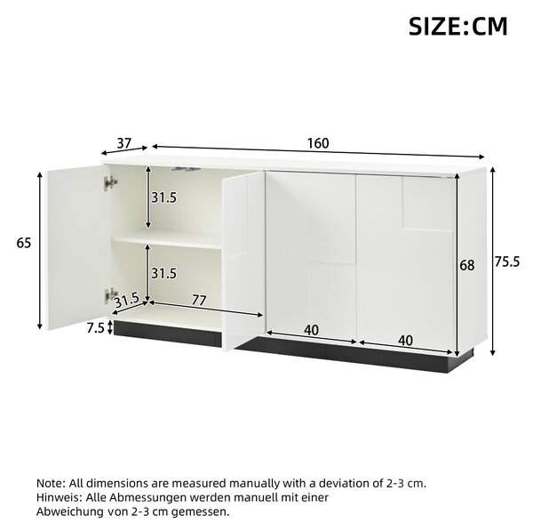 Komoda, rozměry 160x37x75,5 cm, bílá a černá, s geometrickými lesklými dvířky, úložný prostor a systém otevírání dotykem, ideální do obývacího pokoje