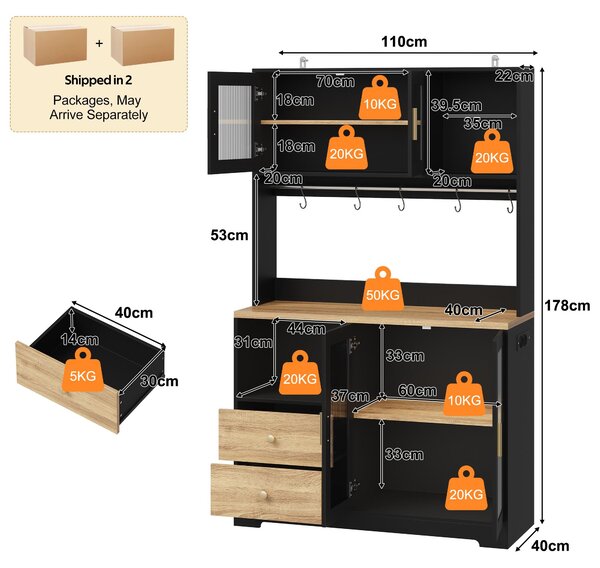 Kuchyňská skříňka s zásuvkou, rozměry 110x40x178 cm, vyrobená z MDF, černá barva s dekorativní pracovní deskou imitující dřevo a RGB LED osvětlení, vhodná do kuchyně i jídelny