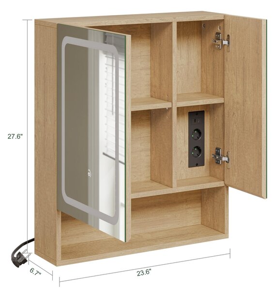 SoBuy Nástěnná zrcadlová skříňka do koupelny s LED osvětlením a zásuvkami, světlý dub, 60 × 17 × 70 cm Obdélníkové BZR238-E-N