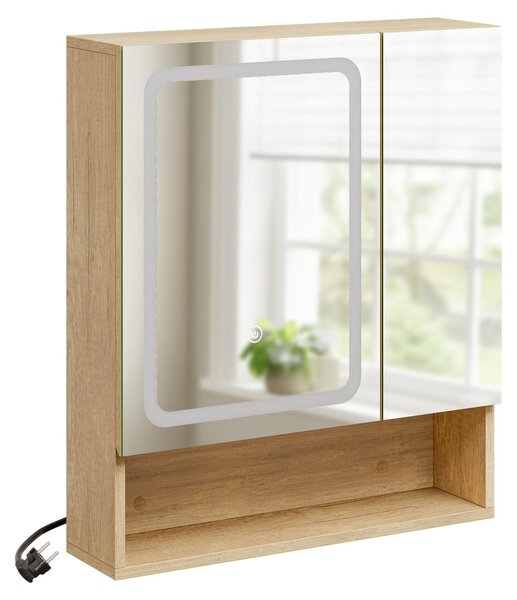 SoBuy Nástěnná zrcadlová skříňka do koupelny s LED osvětlením a zásuvkami, světlý dub, 60 × 17 × 70 cm Obdélníkové BZR238-E-N