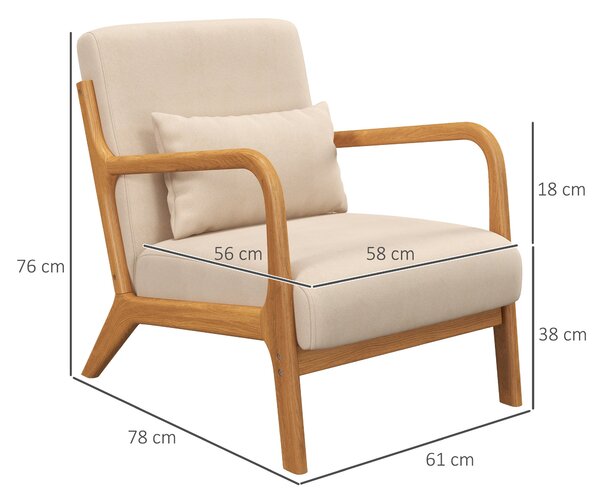 HOMCOM Lounge Křeslo Nordic Styl s Područky a Polštem, Rám z Gumového Dřeva pro Obývací Pokoj, Nosnost 120 kg, 61x78x76 cm, Béžové | Aosom