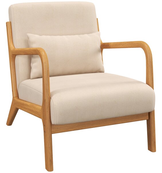 HOMCOM Lounge Křeslo Nordic Styl s Područky a Polštem, Rám z Gumového Dřeva pro Obývací Pokoj, Nosnost 120 kg, 61x78x76 cm, Béžové | Aosom