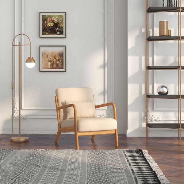 HOMCOM Lounge Křeslo Nordic Styl s Područky a Polštem, Rám z Gumového Dřeva pro Obývací Pokoj, Nosnost 120 kg, 61x78x76 cm, Béžové | Aosom