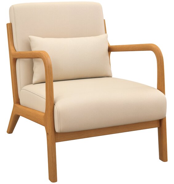 HOMCOM Lounge Křeslo Nordic Styl s Područky a Polštem, Rám z Gumového Dřeva pro Obývací Pokoj, Nosnost 120 kg, 61x78x76 cm, Béžové | Aosom