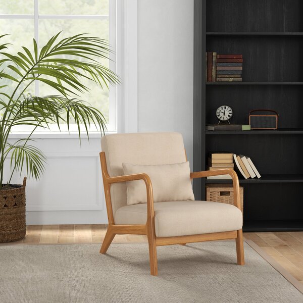 HOMCOM Lounge Křeslo Nordic Styl s Područky a Polštem, Rám z Gumového Dřeva pro Obývací Pokoj, Nosnost 120 kg, 61x78x76 cm, Béžové | Aosom