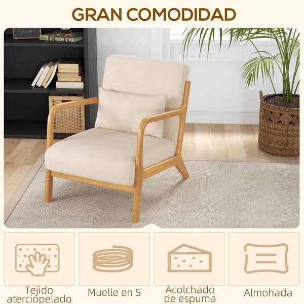HOMCOM Lounge Křeslo Nordic Styl s Područky a Polštem, Rám z Gumového Dřeva pro Obývací Pokoj, Nosnost 120 kg, 61x78x76 cm, Béžové | Aosom