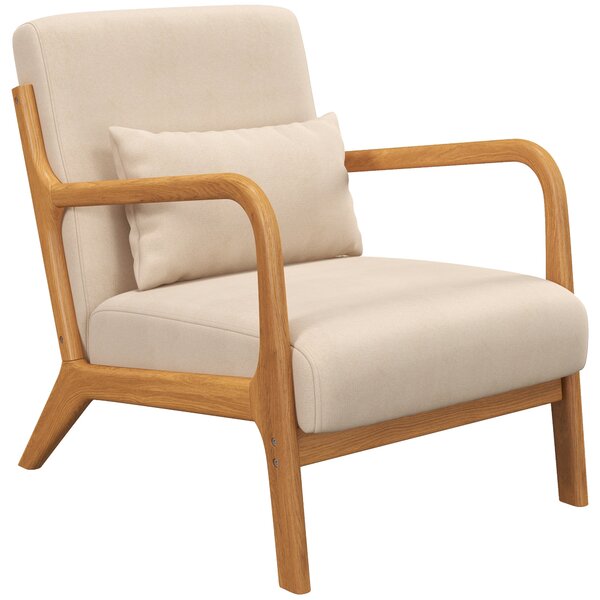 HOMCOM Lounge Křeslo Nordic Styl s Područky a Polštem, Rám z Gumového Dřeva pro Obývací Pokoj, Nosnost 120 kg, 61x78x76 cm, Béžové | Aosom