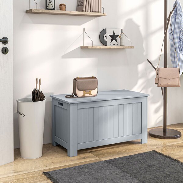 HOMCOM Úložný trunk pro ložnici – Úložná lavice se víkem, multifunkční úložný trunk s bezpečnostním pantem pro chodbu a obývací pokoj 81x40x46 cm Šedá
