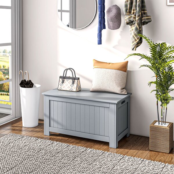 HOMCOM Úložný trunk pro ložnici – Úložná lavice se víkem, multifunkční úložný trunk s bezpečnostním pantem pro chodbu a obývací pokoj 81x40x46 cm Šedá