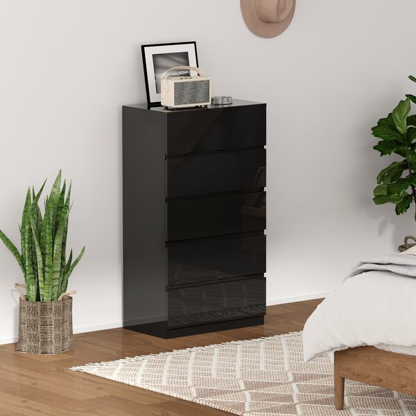 HOMCOM Komoda s 5 šuplíky Moderní komoda s protisrážecí konstrukcí 55x34x100 cm Černý lesk | Aosom