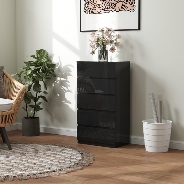 HOMCOM Komoda s 5 šuplíky Moderní komoda s protisrážecí konstrukcí 55x34x100 cm Černý lesk | Aosom