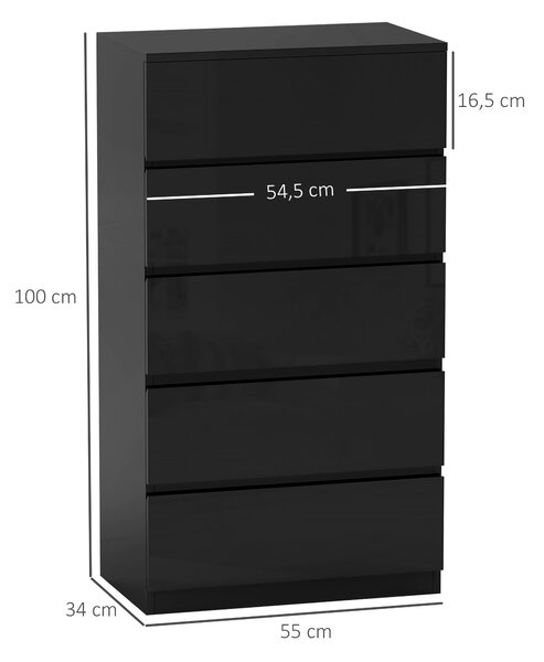 HOMCOM Komoda s 5 šuplíky Moderní komoda s protisrážecí konstrukcí 55x34x100 cm Černý lesk | Aosom