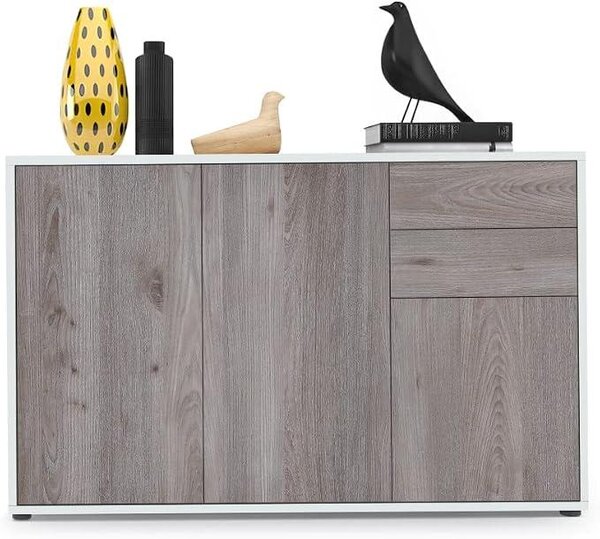 Komoda Ben V3, s 3 dvířky a 2 zásuvkami, bílá matná/dřevo Nordic (117 x 74 x 36 cm)