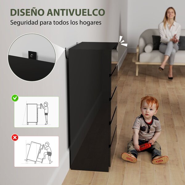HOMCOM Komoda s 5 šuplíky Moderní komoda s protisrážecí konstrukcí 55x34x100 cm Černý lesk | Aosom