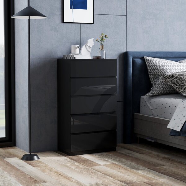HOMCOM Komoda s 5 šuplíky Moderní komoda s protisrážecí konstrukcí 55x34x100 cm Černý lesk | Aosom