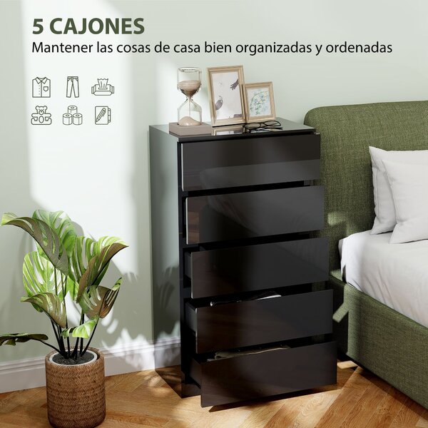 HOMCOM Komoda s 5 šuplíky Moderní komoda s protisrážecí konstrukcí 55x34x100 cm Černý lesk | Aosom