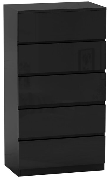 HOMCOM Komoda s 5 šuplíky Moderní komoda s protisrážecí konstrukcí 55x34x100 cm Černý lesk | Aosom