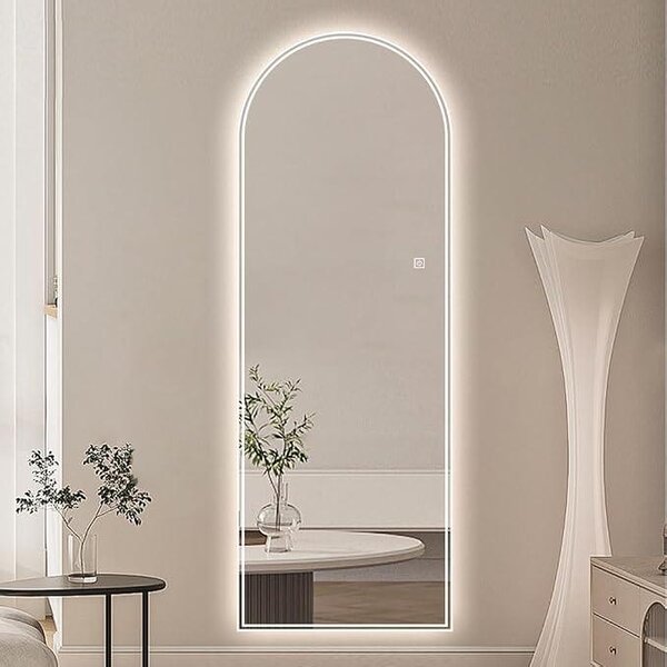 LED zrcadlo s obloukovým rámem, celotělové, 165x50 cm, stojací zrcadlo s osvětlením a funkcí stmívání, tři barvy světla, zrcadlo do koupelny, šatny nebo obývacího pokoje, moderní design