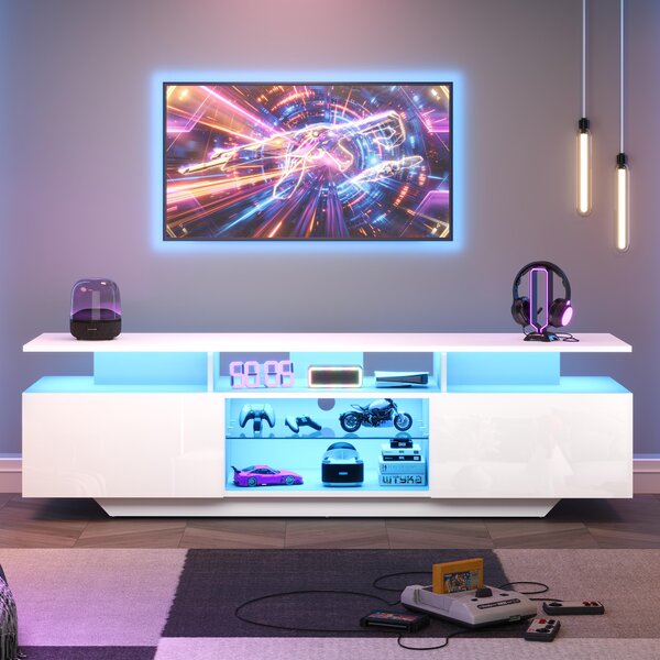 Televizní skříňka o rozměrech 160x40x45 cm, bílá, vyrobená z MDF, s lesklými dvířky, LED osvětlením a 8 úložnými plochami, vhodná pro televizory o velikosti 70 palců, ideální do obývacího pokoje