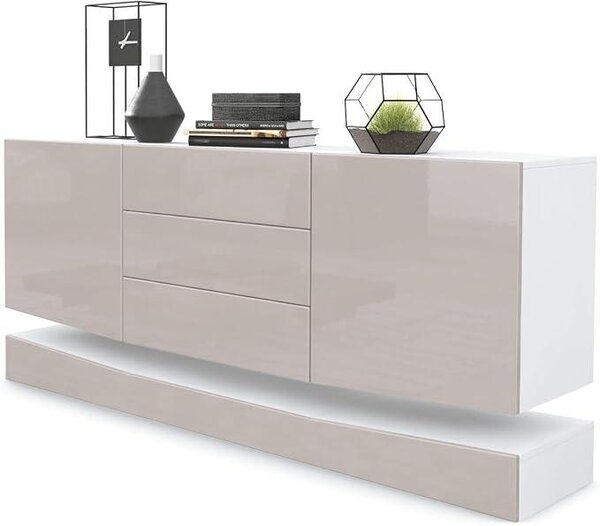 Komoda Sideboard City, vyrobeno v Německu, barva: matná bílá/sandgrau (písková světle šedá), vysoký lesk - Moderní komoda do obývacího pokoje (178 x 72 x 38 cm)