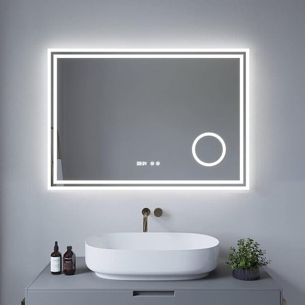 Zrcadlo s osvětlením, LED, dekorativní nástěnné zrcadlo, velké, moderní, zrcadlo do koupelny s osvětlením, hodiny, 3x zvětšení, LED, rozměry 100x70 cm, stříbrné, funkce paměti, dotykové ovládání