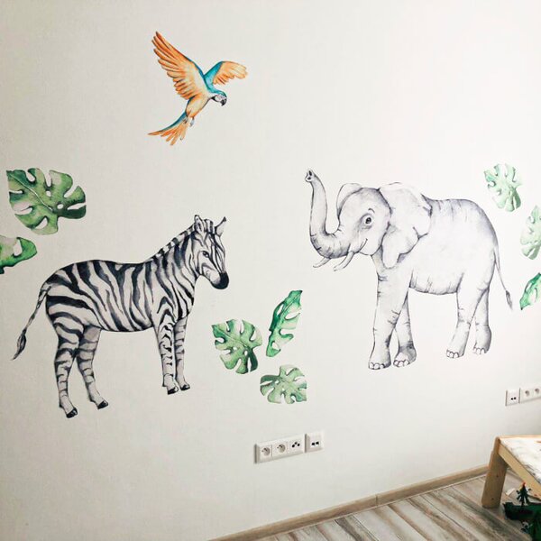 INSPIO-textilní přelepitelná samolepka - Dětské samolepky na zeď - Slon a zebra ze safari