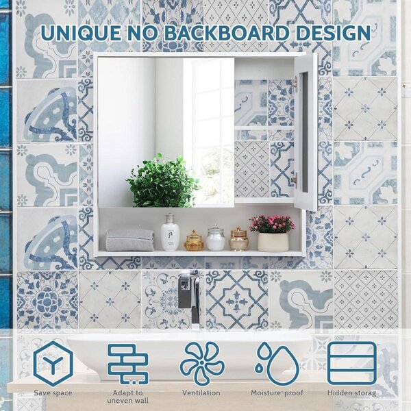 Koupelnová zrcadlová skříňka bílá - Montáž na stěnu - 78 cm - Dvoudveřová zrcadlová skříňka