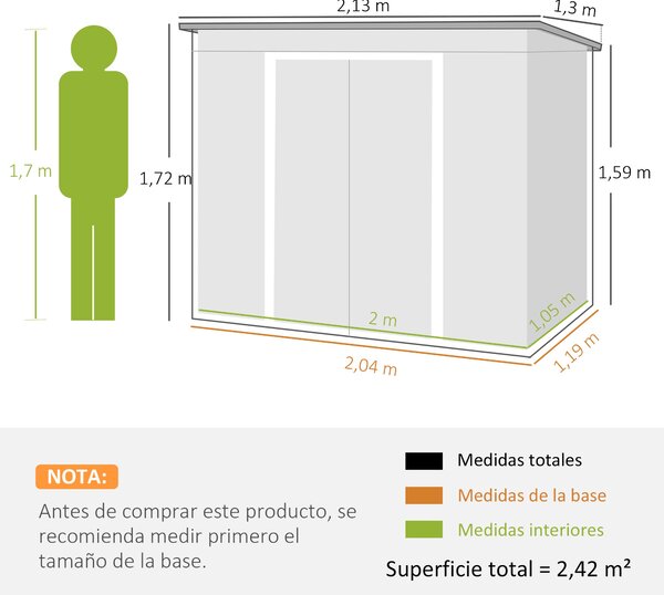 Zahradní domek Outsunny 3,2 m² 213x130x172 cm se sběrnými dveřmi a šikmou střechou, zesílený základ (podlaha není součástí) a 2 okna, Světlá šedá | Ao