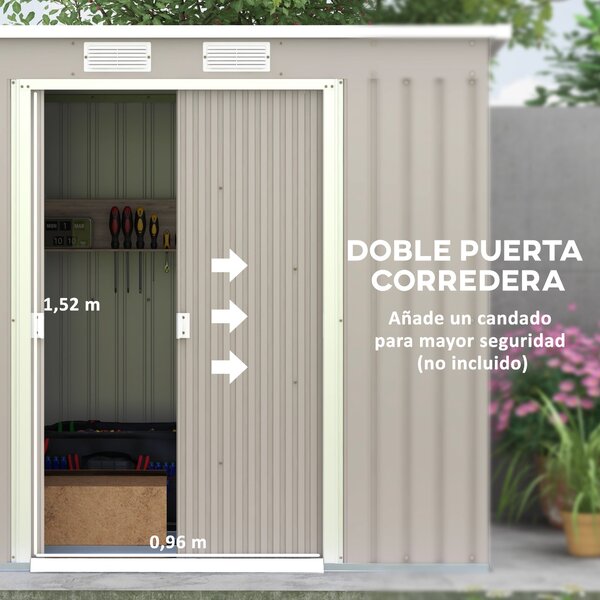 Zahradní domek Outsunny 3,2 m² 213x130x172 cm se sběrnými dveřmi a šikmou střechou, zesílený základ (podlaha není součástí) a 2 okna, Světlá šedá | Ao