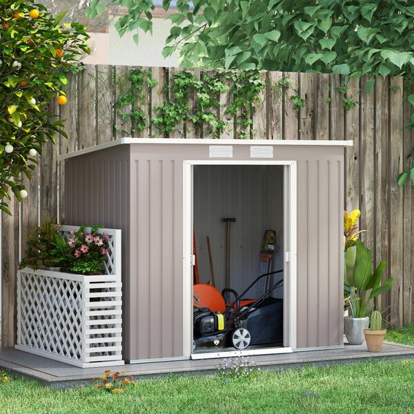 Zahradní domek Outsunny 3,2 m² 213x130x172 cm se sběrnými dveřmi a šikmou střechou, zesílený základ (podlaha není součástí) a 2 okna, Světlá šedá | Ao