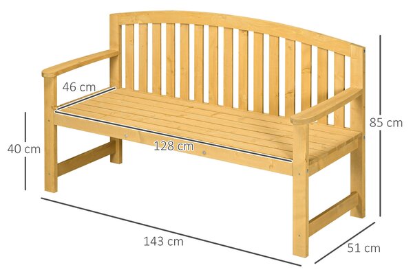 Outsunny 2-místná zahradní lavička venkovní dřevěná lavička s opěradlem a područkami na terasu 143x51x85 cm Přírodní | Aosom