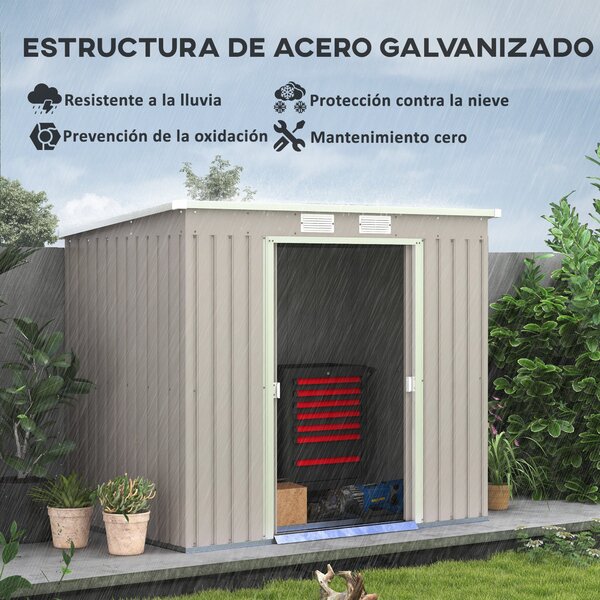 Zahradní domek Outsunny 3,2 m² 213x130x172 cm se sběrnými dveřmi a šikmou střechou, zesílený základ (podlaha není součástí) a 2 okna, Světlá šedá | Ao