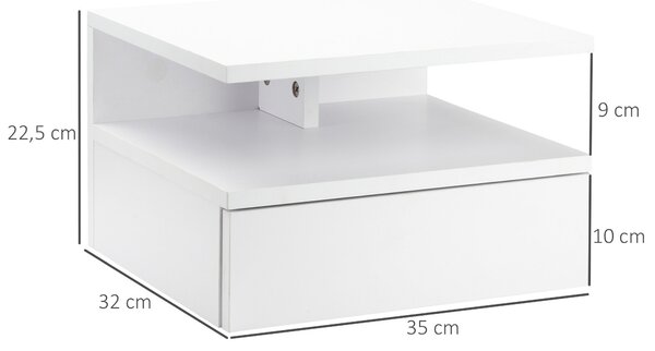 HOMCOM Sada 2 Floating Nočních Stolků - Zavěšené Noční Stolky s 1 Zásuvkou a Otevřenou Policí pro Ložnici 35x32x22,5 cm Bílá | Aosom