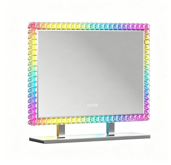 VANITII Hollywoodské kosmetické zrcadlo 80×60 cm s LED osvětlením RGB světelné režimy křišťálové detaily bílé pro toaletní stolek