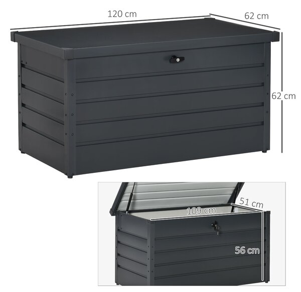 Outsunny Venkovní úložný box 311L Ocelový skladovací truhlík s klíčovým uzamčením a plynovými písty pro zahradu, terasu nebo patio 120x62x62 cm Tmavě