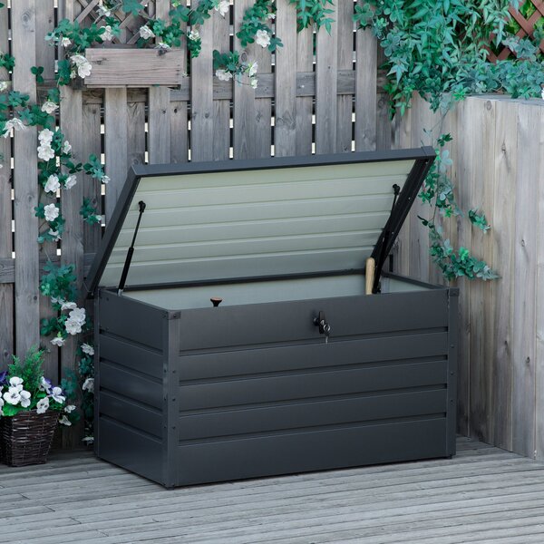 Outsunny Venkovní úložný box 311L Ocelový skladovací truhlík s klíčovým uzamčením a plynovými písty pro zahradu, terasu nebo patio 120x62x62 cm Tmavě