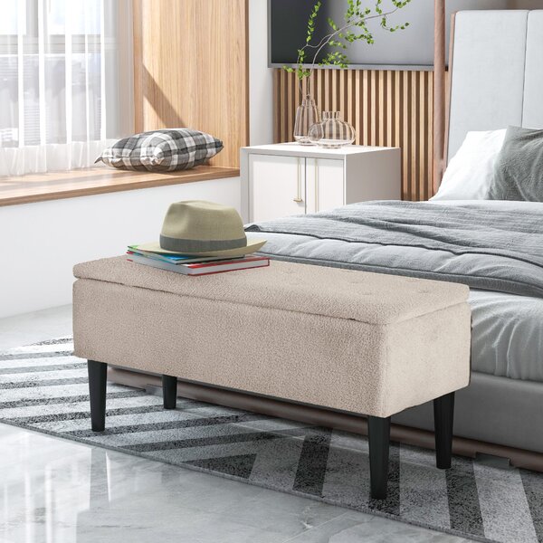 HOMCOM úložná lavice do ložnice s kapacitou 47 l, odklápěcí víko a dřevěné nohy, nosnost 120 kg, 95x38x45 cm, béžová | Aosom