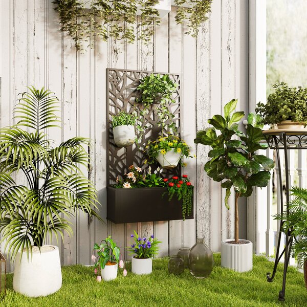 Velká venkovní kovová květináč Outsunny s dekorativním panelem a soukromím - volně stojící nebo na zeď pro terasu 61x23x113 cm Černá | Aosom
