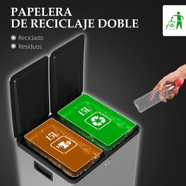 HOMCOM Kuchyňský odpadkový koš se 2 oddíly 2x15L nerezový odpadkový koš s pedálem a měkkým zavíráním víka, odnímatelný kbelík na recyklaci zbytků potr