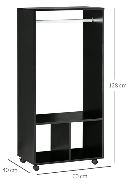 HOMCOM Skříň na kolečkách, Otevřený design s závěsnou tyčí a policemi pro organizaci oblečení do ložnice 60x40x128 cm Černá | Aosom