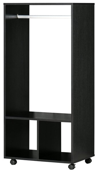 HOMCOM Skříň na kolečkách, Otevřený design s závěsnou tyčí a policemi pro organizaci oblečení do ložnice 60x40x128 cm Černá | Aosom
