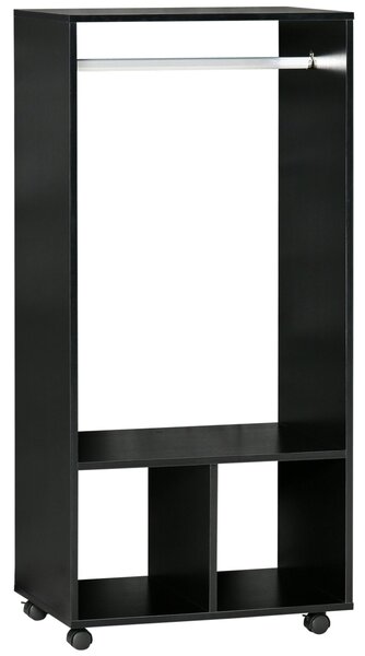 HOMCOM Skříň na kolečkách, Otevřený design s závěsnou tyčí a policemi pro organizaci oblečení do ložnice 60x40x128 cm Černá | Aosom
