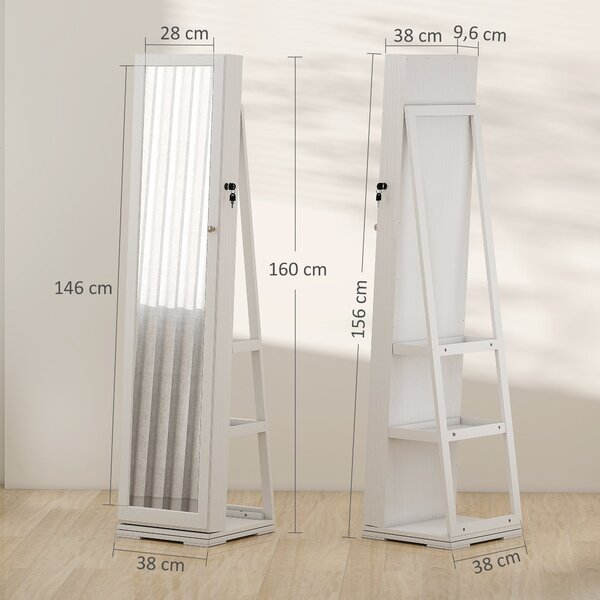 HOMCOM stojací zrcadlo na šperky, šperkovnice, 360° otočná šperkovnice se zámkem, zadní police a vestavěné malé zrcadlo 38x38x160 cm, bílá žilkovaná |