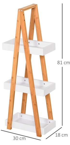 Kleankin Bambusová koupelnová polička se 3 policemi - Dřevěný A-rám 30x18x81 cm Přírodní a Bílá | Aosom