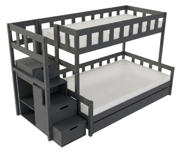 Patrová postel PLOTTY s úložnými schody 90x200, 120x200 cm - Tmavě šedá, Zvolte šuplík: Přistýlka 90x190 cm, Zvolte stranu: Vlevo