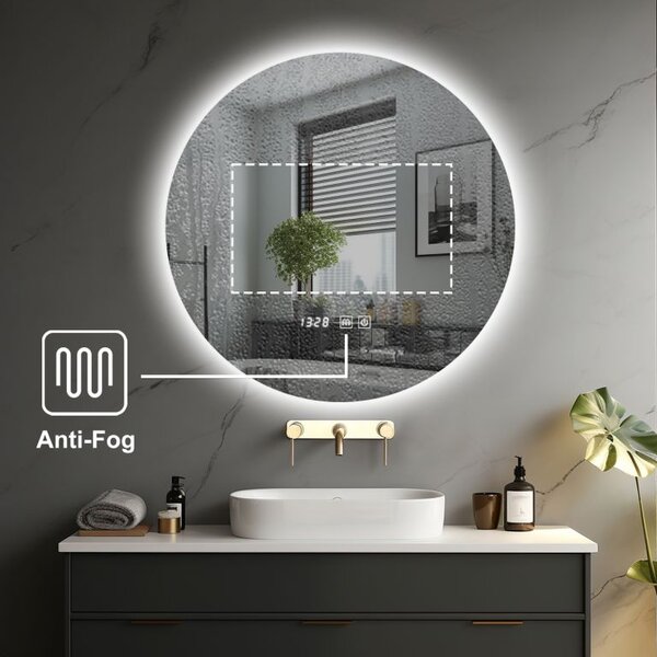 Kulaté koupelnové LED zrcadlo 70 cm s hodinami a odmlžováním