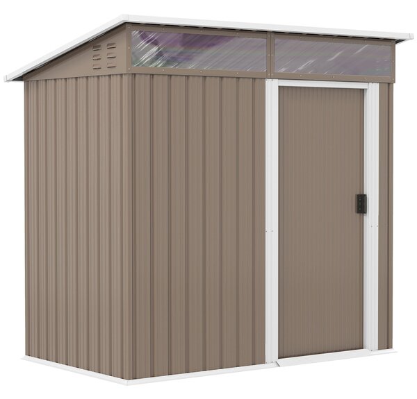 Zahradní domek Outsunny 1,9 m² 195x122x182 cm s posuvnými dveřmi, okny, zpevněnou základnou (podlaha NENÍ součástí) pro terasu a patio, hnědý | Aosom