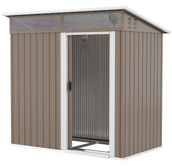 Zahradní domek Outsunny 1,9 m² 195x122x182 cm s posuvnými dveřmi, okny, zpevněnou základnou (podlaha NENÍ součástí) pro terasu a patio, hnědý | Aosom