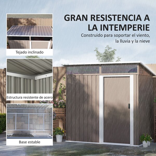 Zahradní domek Outsunny 1,9 m² 195x122x182 cm s posuvnými dveřmi, okny, zpevněnou základnou (podlaha NENÍ součástí) pro terasu a patio, hnědý | Aosom