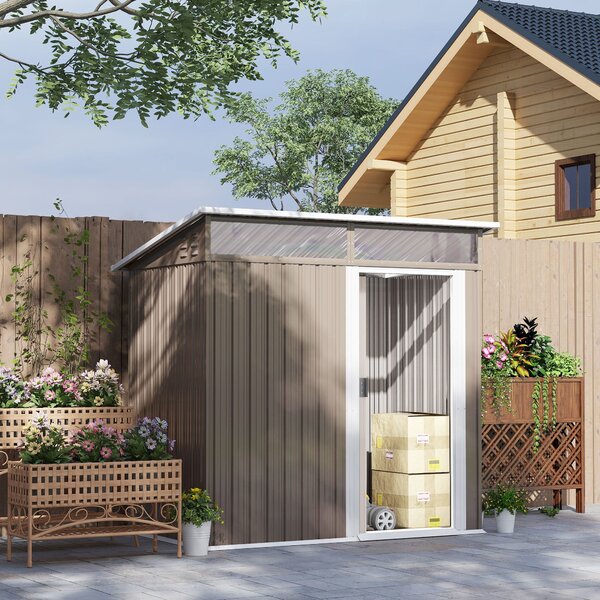 Zahradní domek Outsunny 1,9 m² 195x122x182 cm s posuvnými dveřmi, okny, zpevněnou základnou (podlaha NENÍ součástí) pro terasu a patio, hnědý | Aosom